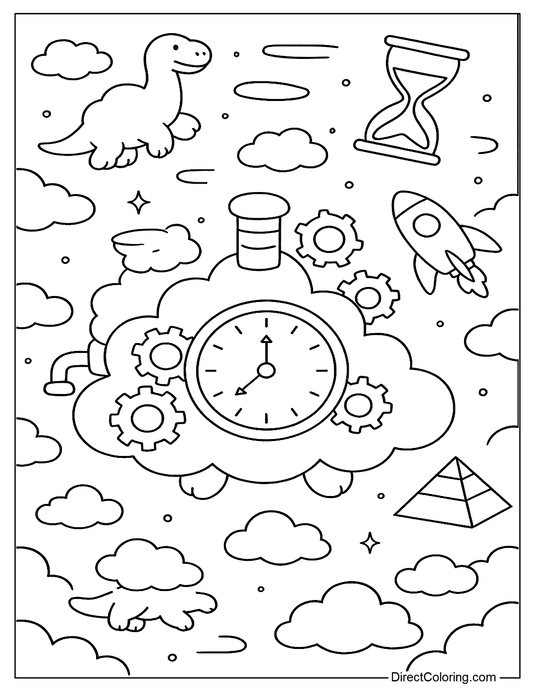 A time machine-shaped cloud with silver gears and a floating hourglass coloring page